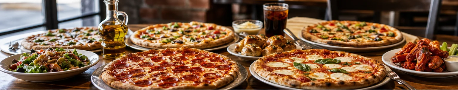 Hearth & Stone Pizza dining table with pizza shop dishes